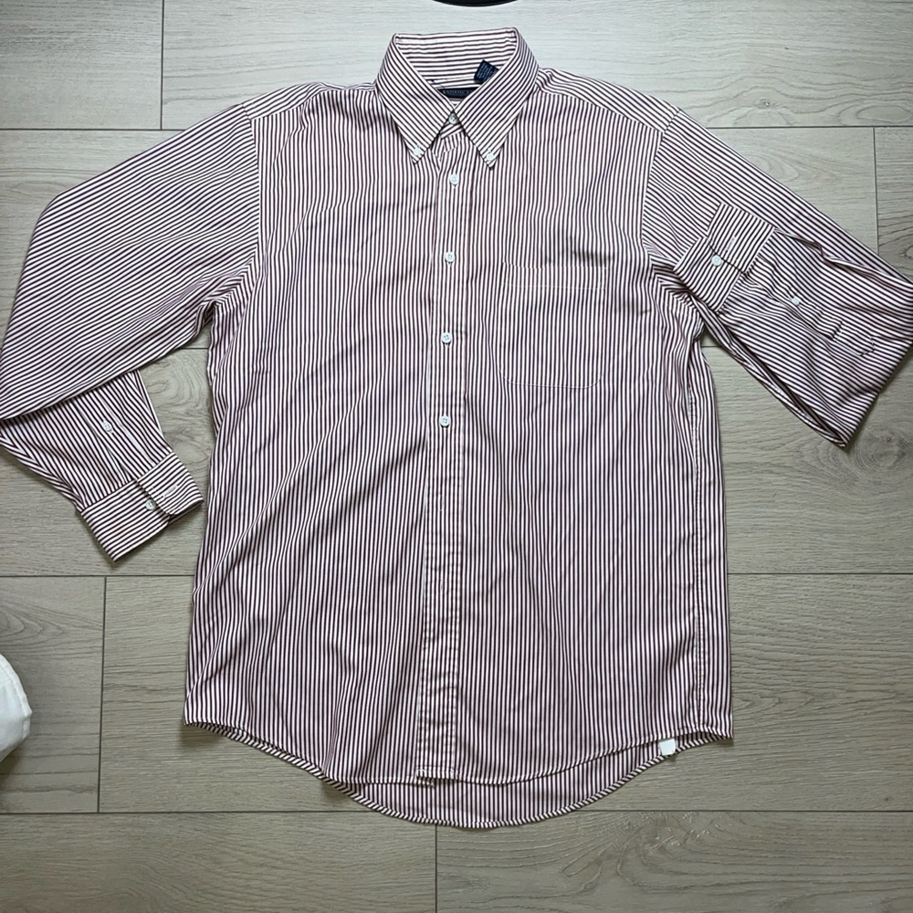 Lands' End Men’s Red Stripe Long Sleeve 15 1/2 X 33 Cotton Blend Pinpoint Oxford
